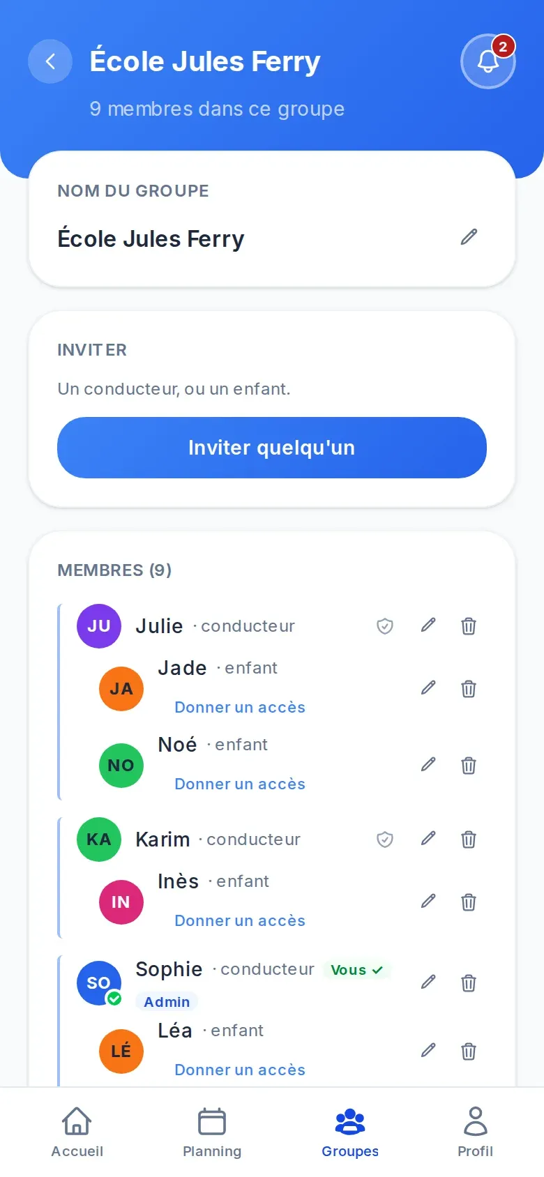 Écran d’un groupe dans Kidipool : les conducteurs, et sous chacun les enfants dont il est responsable
